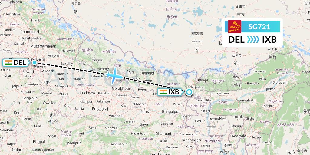 SG721 SpiceJet Flight Map: Delhi to Siliguri