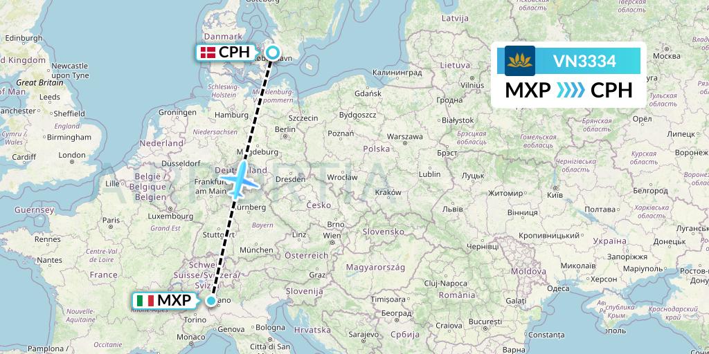 VN3334 Vietnam Airlines Flight Map: Milan to Copenhagen