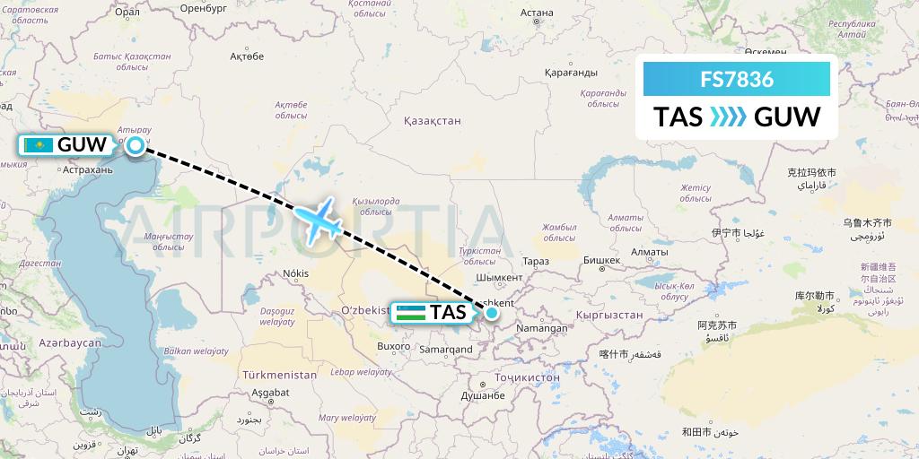 FS7836 Flyr Flight Map: Tashkent to Atyrau
