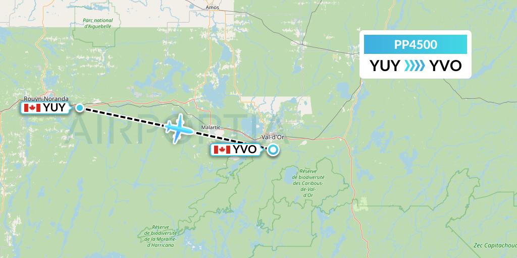 PP4500 Jet Aviation Business Jets Flight Map: Rouyn to Val-d'Or