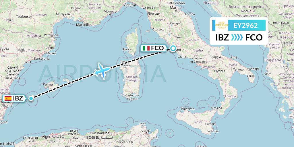EY2962 Etihad Airways Flight Map: Ibiza to Rome