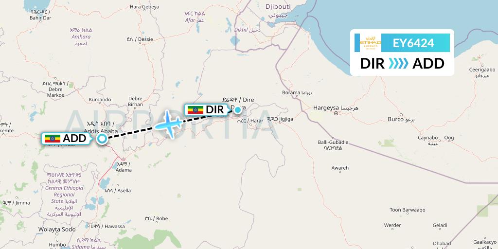 EY6424 Etihad Airways Flight Map: Dire Dawa to Addis Ababa