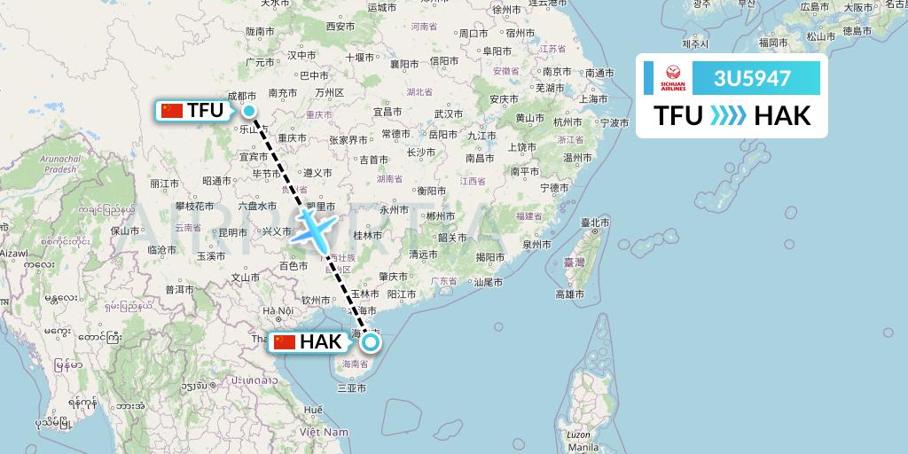 3U5947 Sichuan Airlines Flight Map: Chengdu to Haikou