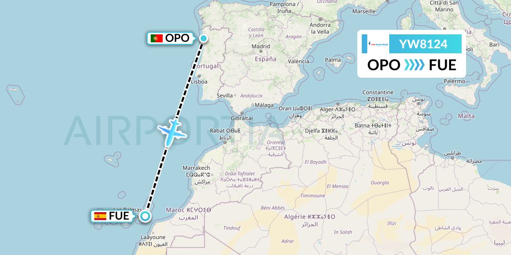 YW8124 Air Nostrum Flight Map: Porto to Fuerteventura
