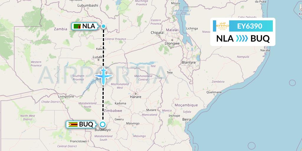 EY6390 Etihad Airways Flight Map: Ndola to Bulawayo