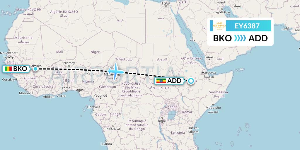 EY6387 Etihad Airways Flight Map: Bamako to Addis Ababa