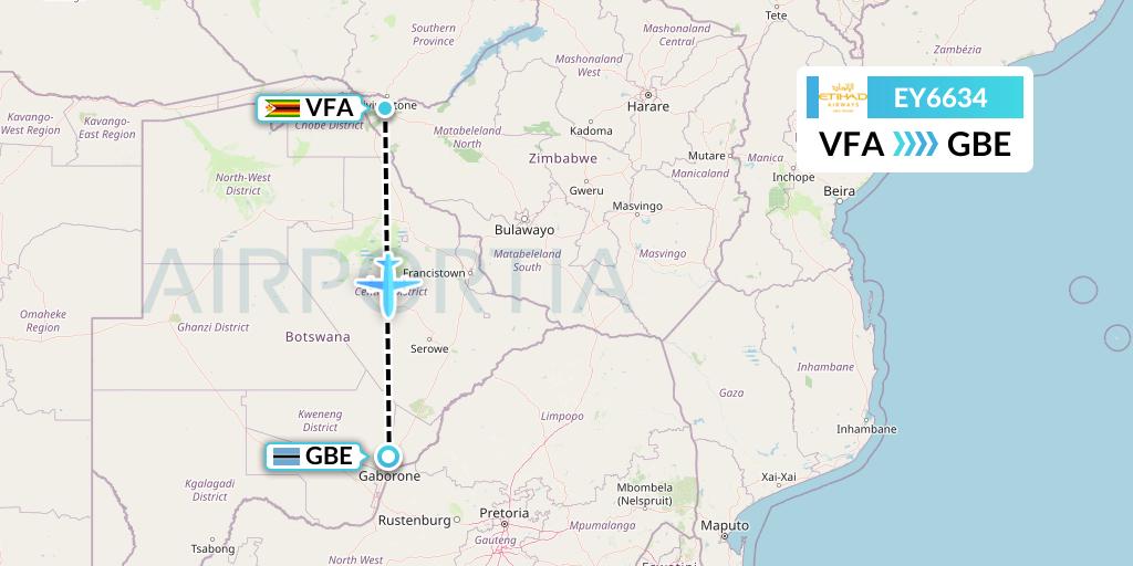 EY6634 Etihad Airways Flight Map: Victoria Falls to Gaborone