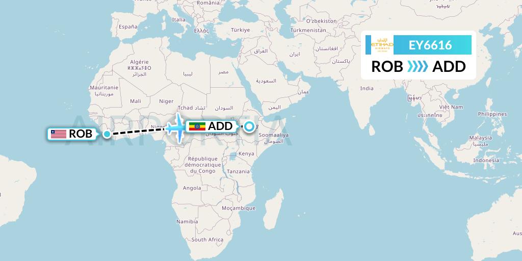 EY6616 Etihad Airways Flight Map: Monrovia to Addis Ababa