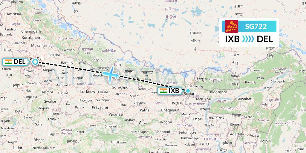 SG722 SpiceJet Flight Map: Siliguri to Delhi