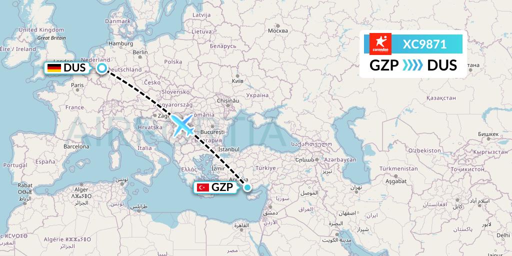 XC9871 Corendon Airlines Flight Map: Gazipasa to Dusseldorf