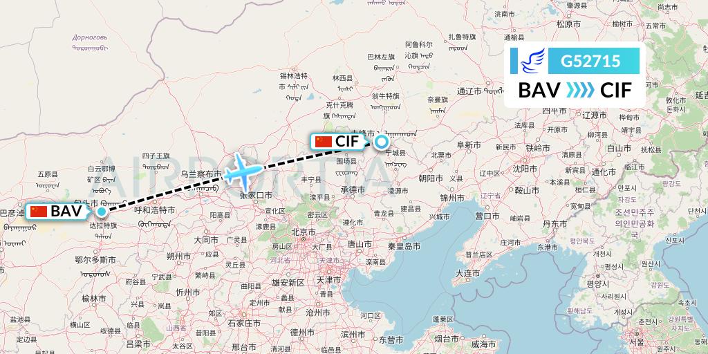 G52715 China Express Airlines Flight Map: Baotou to Chifeng