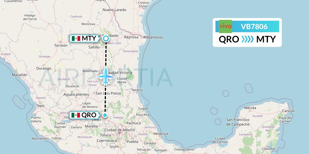 VB7806 VivaAerobus Flight Map: Queretaro to Monterrey