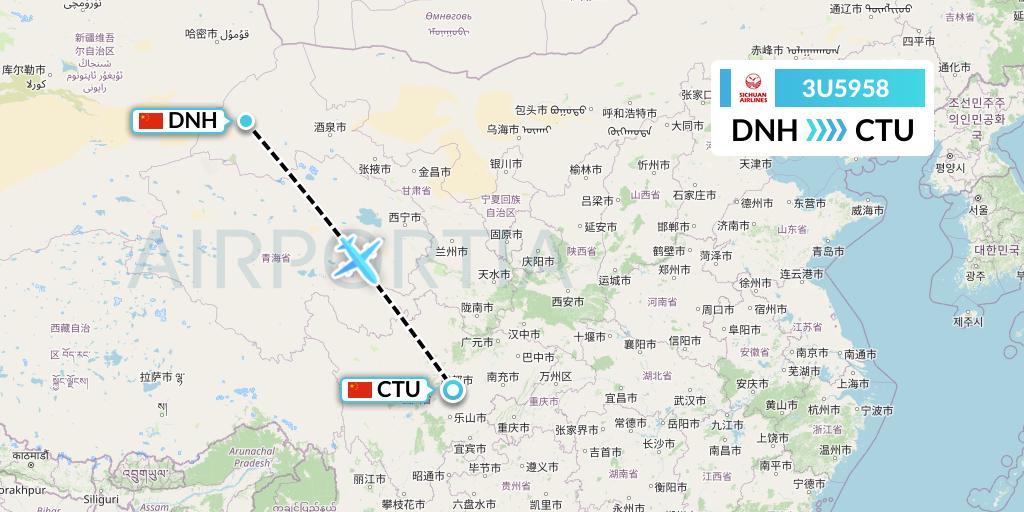 3U5958 Sichuan Airlines Flight Map: Dunhuang to Chengdu