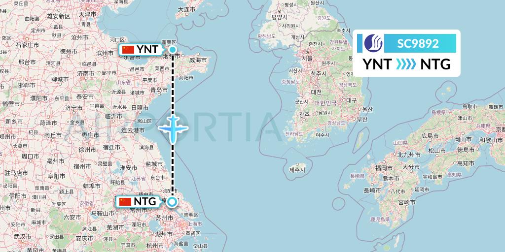 SC9892 Shandong Airlines Flight Map: Yantai to Nantong