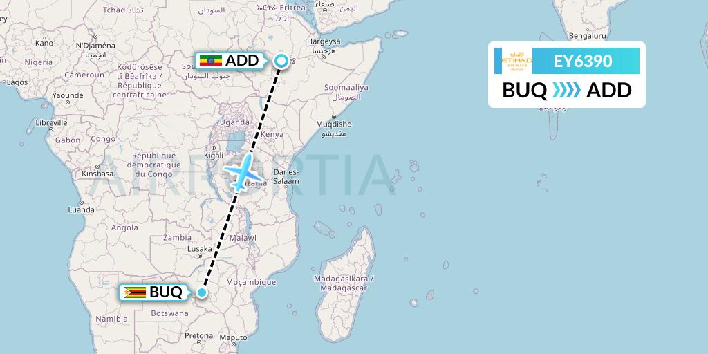 EY6390 Etihad Airways Flight Map: Bulawayo to Addis Ababa