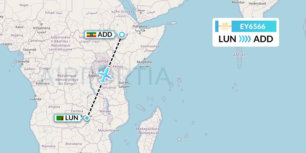 EY6566 Etihad Airways Flight Map: Lusaka to Addis Ababa