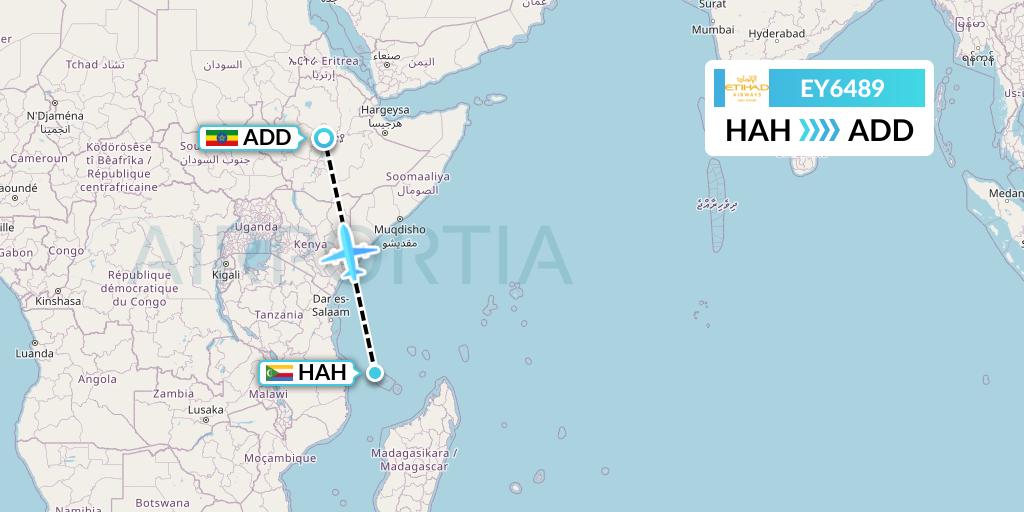 EY6489 Etihad Airways Flight Map: Moroni to Addis Ababa