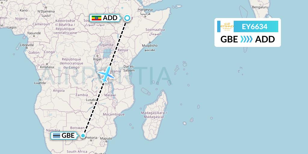 EY6634 Etihad Airways Flight Map: Gaborone to Addis Ababa