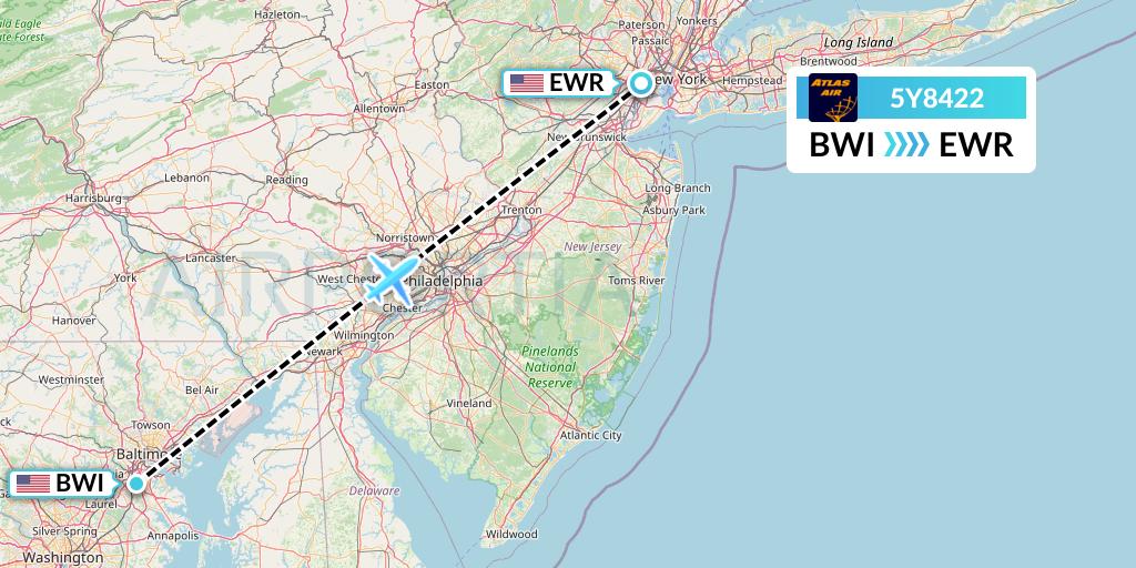 5Y8422 Atlas Air Flight Map: Baltimore to New York