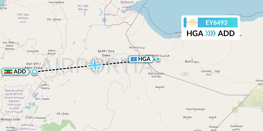 EY6493 Etihad Airways Flight Map: Hargeisa to Addis Ababa