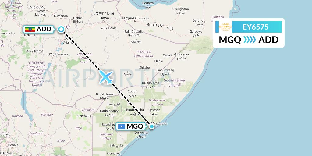 EY6575 Etihad Airways Flight Map: Mogadishu to Addis Ababa
