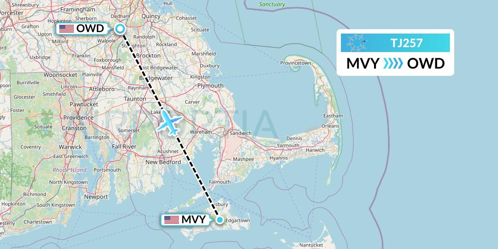 TJ257 Tradewind Aviation Flight Map: Martha's Vineyard to Norwood