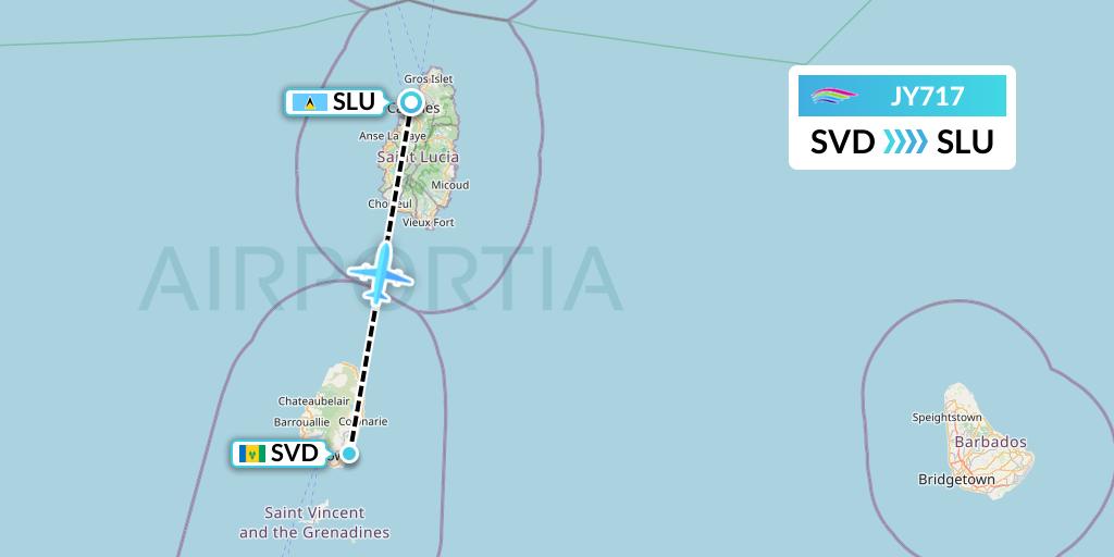 JY717 InterCaribbean Airways Flight Map: Kingstown to Castries