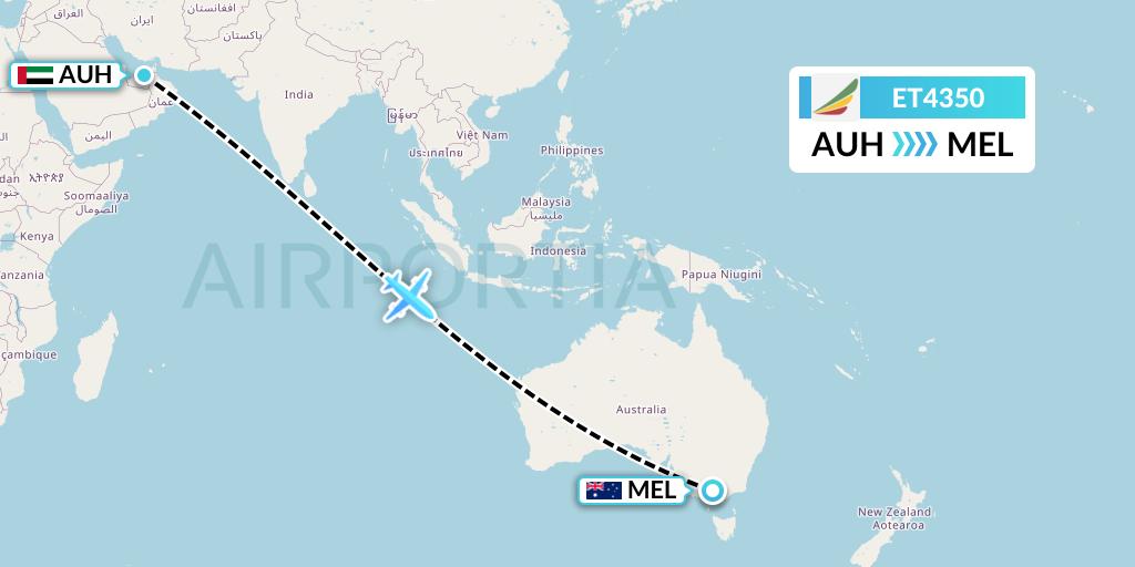 ET4350 Ethiopian Airlines Flight Map: Abu Dhabi to Melbourne