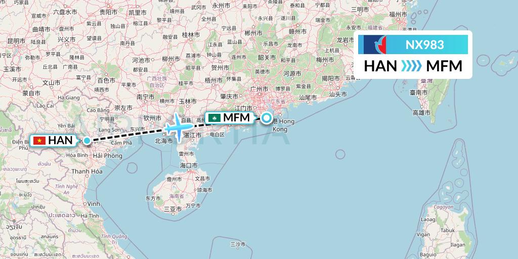 NX983 Air Macau Flight Map: Hanoi to Macau