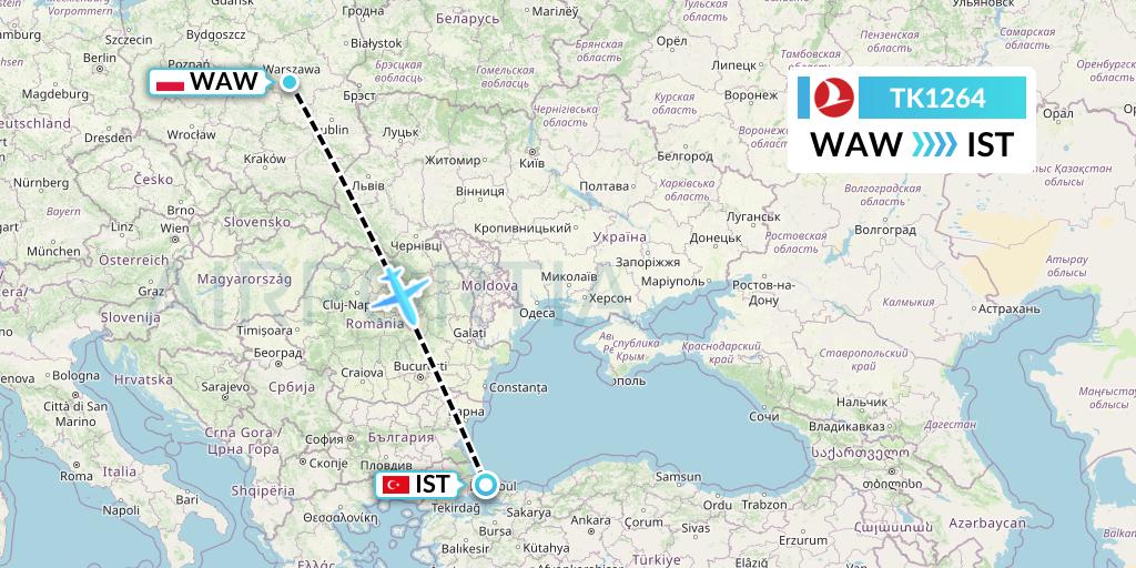 TK1264 Turkish Airlines Flight Map: Warsaw to Istanbul