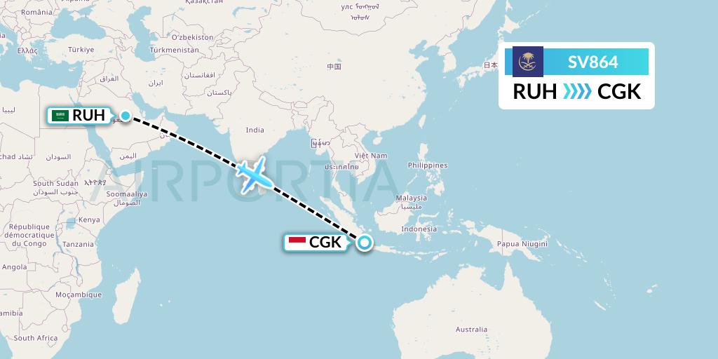 SV864 Saudi Arabian Airlines Flight Map: Riyadh to Jakarta