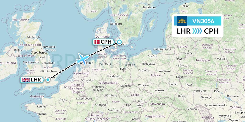 VN3056 Vietnam Airlines Flight Map: London to Copenhagen