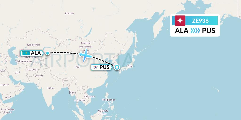 ZE936 Eastar Jet Flight Map: Almaty to Busan