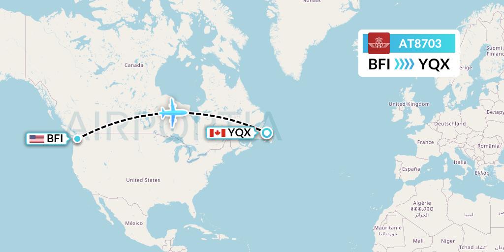 AT8703 Royal Air Maroc Flight Map: Seattle to Gander