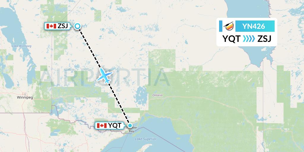 YN426 Air Creebec Flight Map: Thunder Bay to Sandy Lake