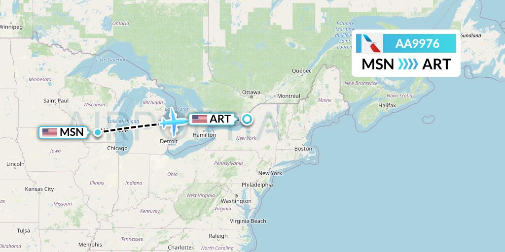 AA9976 American Airlines Flight Map: Madison to Watertown