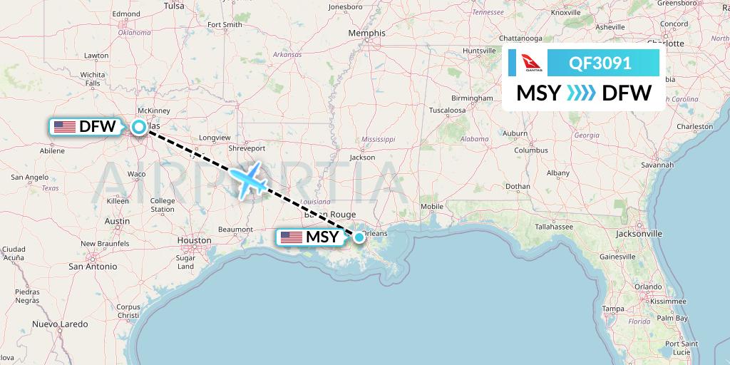 QF3091 Qantas Flight Map: New Orleans to Dallas