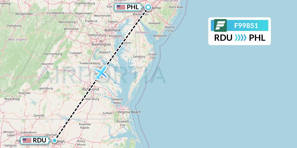 F99851 Frontier Airlines Flight Map: Raleigh-Durham to Philadelphia