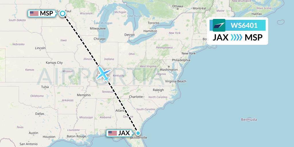 WS6401 WestJet Flight Map: Jacksonville to Minneapolis