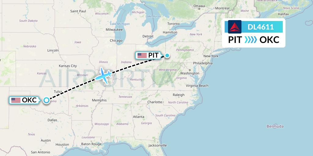 DL4611 Delta Air Lines Flight Map: Pittsburgh to Oklahoma City