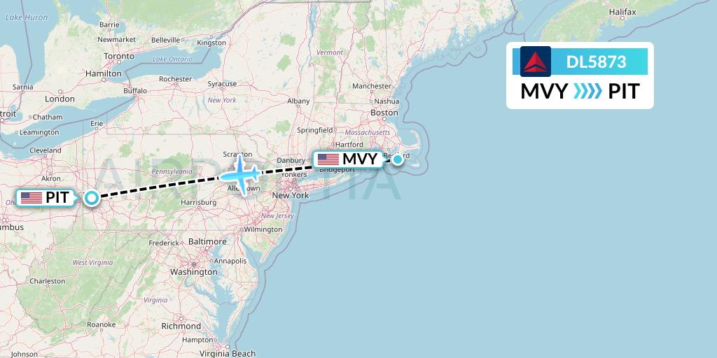 DL5873 Delta Air Lines Flight Map: Martha's Vineyard to Pittsburgh