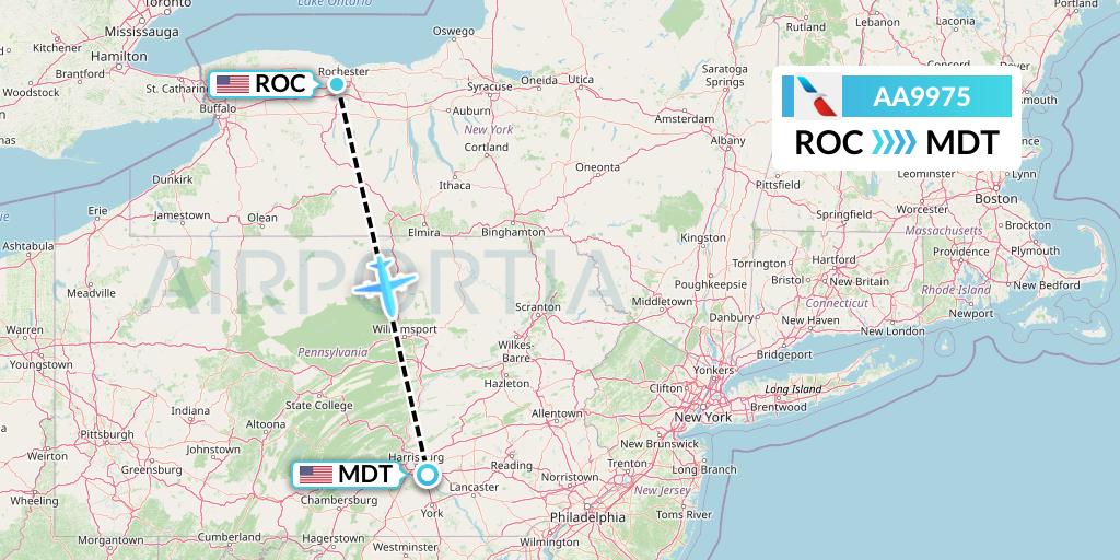 AA9975 American Airlines Flight Map: Rochester to Harrisburg