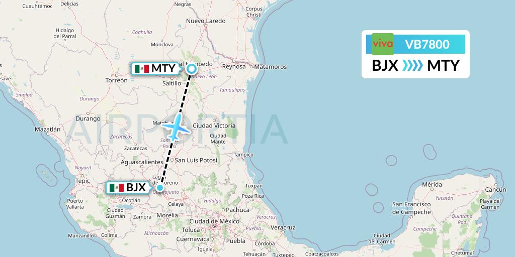 VB7800 VivaAerobus Flight Map: Silao to Monterrey