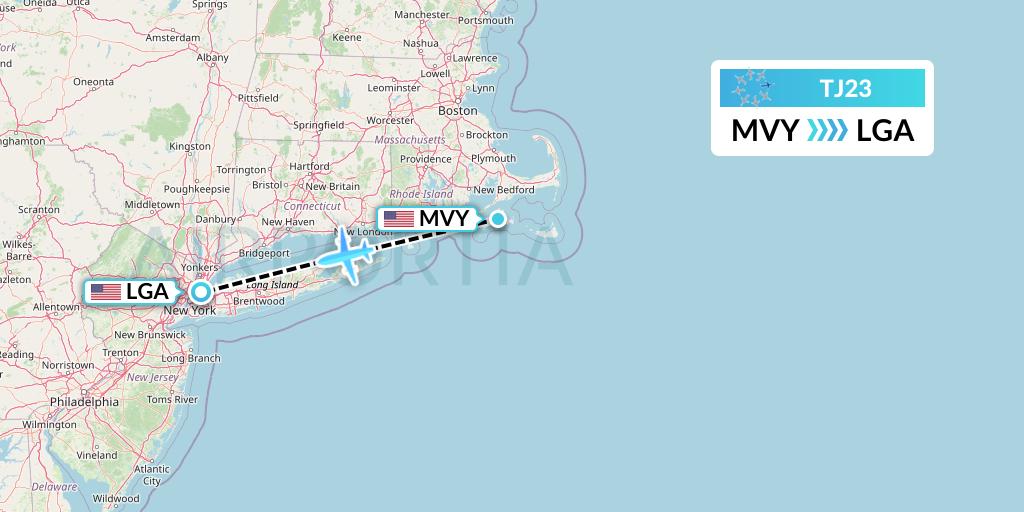 TJ23 Tradewind Aviation Flight Map: Martha's Vineyard to New York