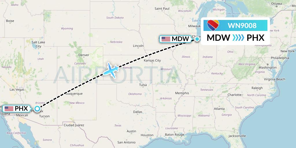 WN9008 Southwest Airlines Flight Map: Chicago to Phoenix