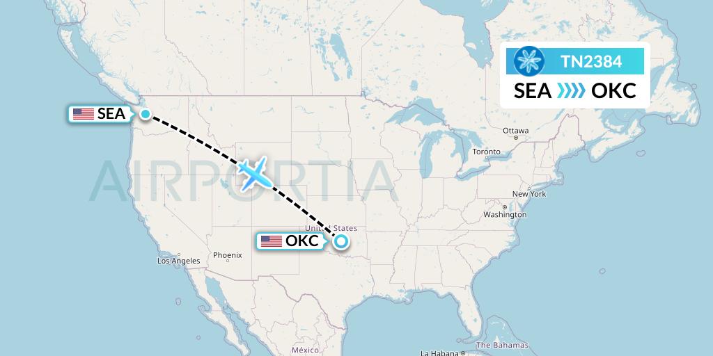 TN2384 Air Tahiti Nui Flight Map: Seattle to Oklahoma City