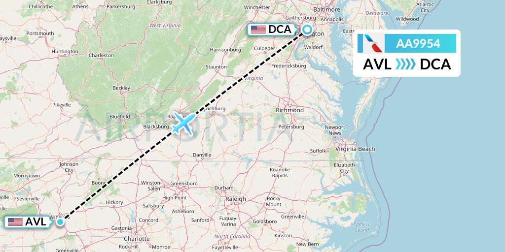 AA9954 American Airlines Flight Map: Asheville to Washington