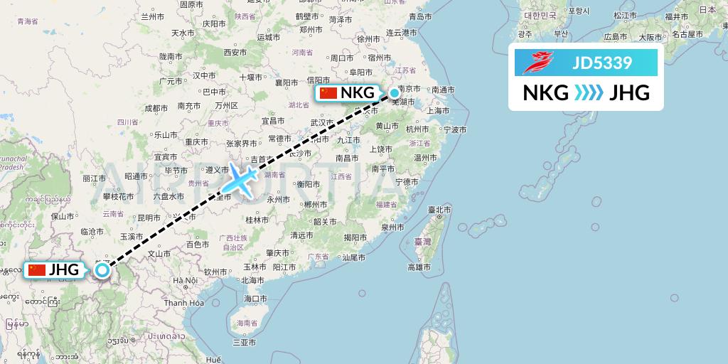 JD5339 Capital Airlines Flight Map: Nanjing to Jinghong