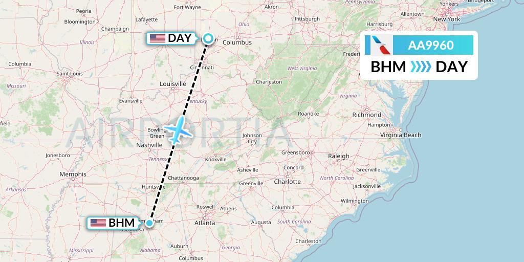 AA9960 American Airlines Flight Map: Birmingham to Dayton