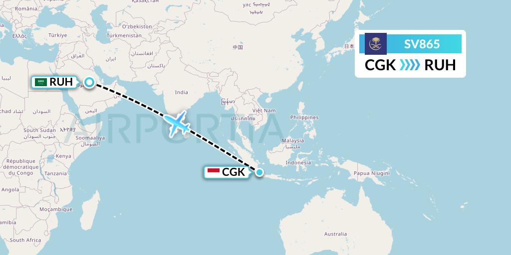 SV865 Saudi Arabian Airlines Flight Map: Jakarta to Riyadh